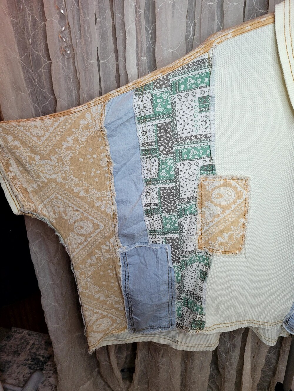 POL Button Down Denim Chambray Waffle Knit Flower Patchwork 100% Cotton Shacket - Picture 5 of 11